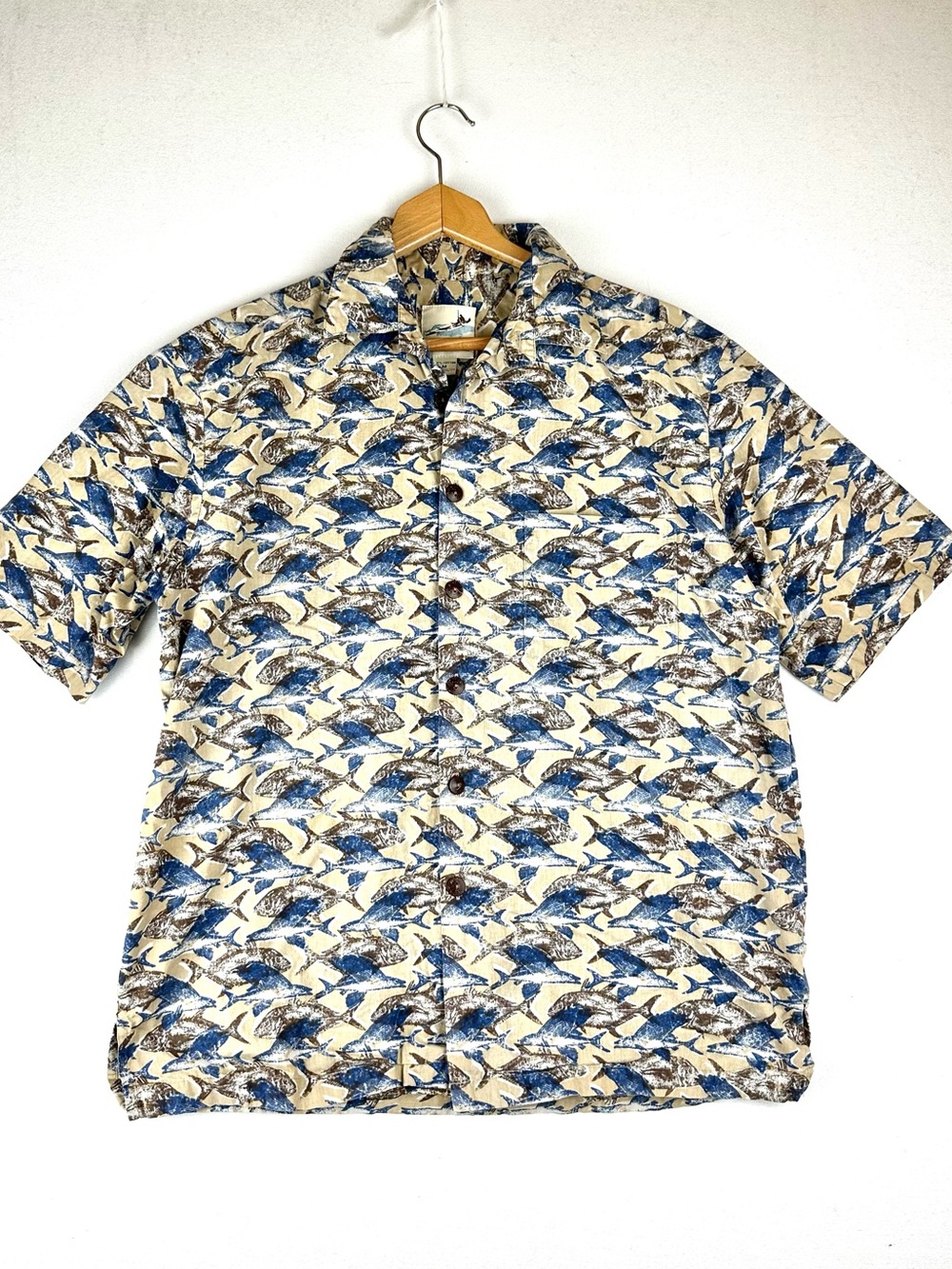 Kahala Cotton Abstract Fish Print Short Sleeve Shirt Resort Beach Aloha Hawaiian
